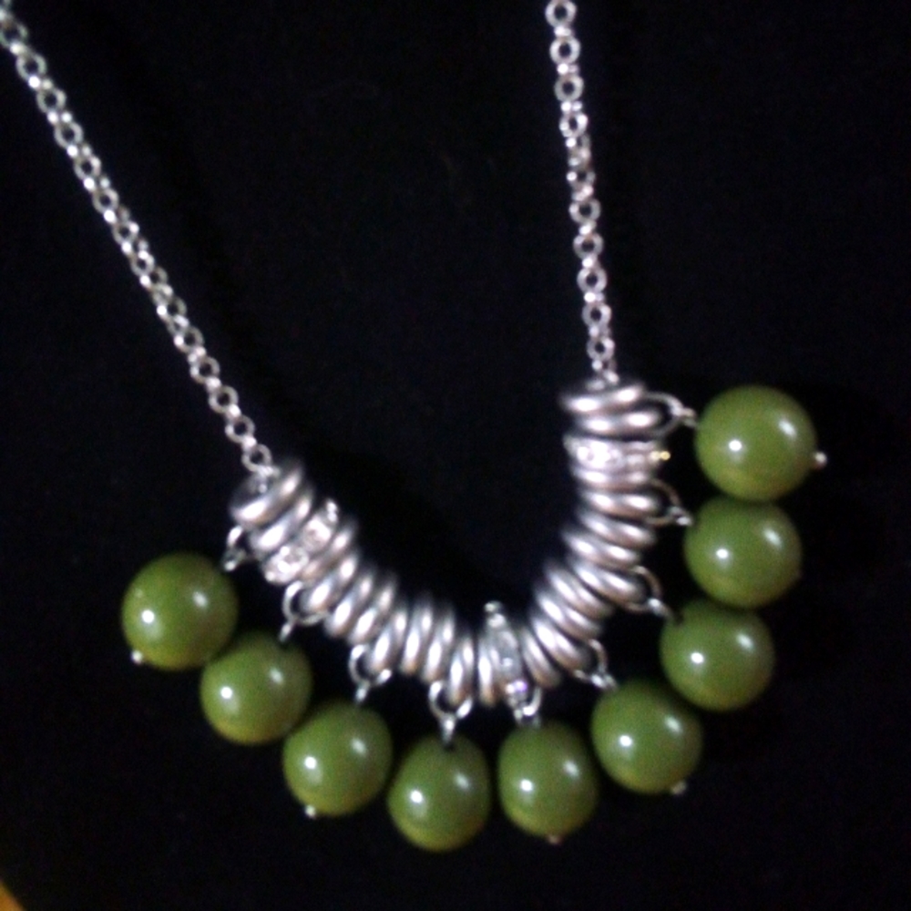 Olive green and Silver Necklace Sharp Piece